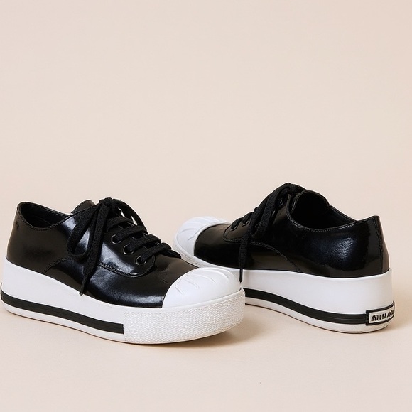 Miu Miu Shoes - Miu Miu Patent Leather Vernis Rubber Cap Toe Platform Sneakers Flats Shoe Lace 8